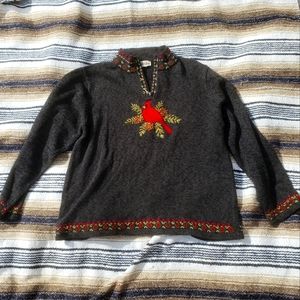 TimberLea Vintage Womens Christmas Winter Cardinal Embroidered Sweater Gorgeous